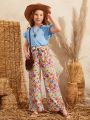 SHEIN Kids SUNSHNE Girls' Knitted Short Sleeve Round Neck T-Shirt With Floral Wide Leg Pants Casual 2pcs Outfits