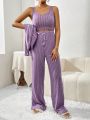 SHEIN Essnce Ladies' Fashionable Purple Ribbed Two-Piece Outfit