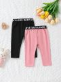 SHEIN 2pcs/Set Baby Girls' Casual Sports Simple & Comfortable Letter Detail Multi-Color Bottoms