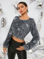 SHEIN BAE Shortened Long Sleeve Sequined Blouse