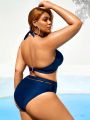 SHEIN Swim BAE Women's Plus Size Blue Halter Neck Swimsuit With Tie