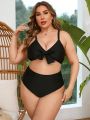 SHEIN Swim Vcay Plus Size High-Waisted Bikini Set With Front Knot Design And Kimono Cover Up