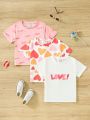 SHEIN Kids EVRYDAY Girls' Love Heart Print Short Sleeve T-shirt