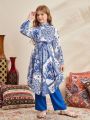 SHEIN Kids Nujoom Loose And Casual Geometric And Floral Patterned Long Shirt And Pants Two-Piece Set For Tween Girls