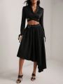 Daniel Watson Solid Asymmetrical Hem Buckle Waist Skirt