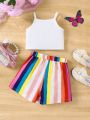 SHEIN Kids SUNSHNE Young Girl Knitted Solid Color Camisole Top & Woven Striped Loose Shorts Set