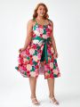 Retro Peaches Plus Size Floral Print Jumpsuit With Tie Straps, Contrast Shorts And Open Front Skirt