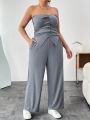 SHEIN Essnce Women's Plus Size Solid Color Pleated Button Front Bustier Top And Straight Pants Two Piece Suit