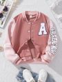 SHEIN Big Girls' Letter Patch Contrast Color Baseball Jacket