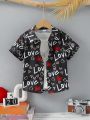 SHEIN Kids EVRYDAY Boys' Casual And Holiday Style Heart Print Short Sleeve Shirt