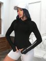 Daily&Casual Women's Reflective Logo Hooded Sports Sweatshirt With Thumb Holes For Night Running, Fitness, Outdoor Activities And Leisure