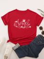 Plus Size Women's Diamond Inlaid Wing & Letter Print Short Sleeve T-shirt