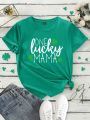 1pc Ladies' Clover & Letter Printed Short Sleeve T-Shirt