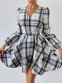 SHEIN Privé Women'S Gingham Double Layered Ruffle Hem Dress