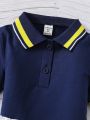 Young Girls' Stripe Short Sleeve Polo Shirt And Pleated Skirt 2pcs/Set