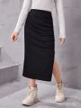 SHEIN Tween Girls' Vintage Simple Street Fashion Pleated High Slit Skirt