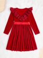 SHEIN Kids FANZEY Toddler Girls' Knitted Solid Color Short Plush Round Neck Wide Hemline Elegant Dress