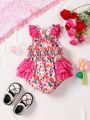 SHEIN Baby Girls' Casual & Vacation Floral Print Patchwork Bodysuit With Snap Closure