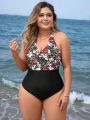 SHEIN Swim Classy Plus Size Floral Pattern Backless One-piece Swimsuit