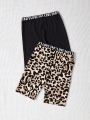 SHEIN Kids EVRYDAY Girls' Knitted Leopard Print Bottoming Shorts & Solid Color Shorts Set