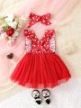 SHEIN 2pcs/Set Infant Girls' Elegant Romantic Lovely Heart Pattern 3d Bowknot Mesh Dress Suitable For Valentine'S Day