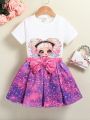 SHEIN Kids HYPEME Girl's Character Pattern Short-sleeved T-shirt And Bow Skirt Two-piece Summer Set