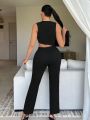 SHEIN SXY Solid Color Women'S Button Front Suit Vest And Pants Set