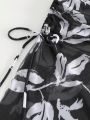 SHEIN Swim BAE Women'S Botanical Print Mesh High Slit Cover Up Dress