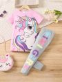 SHEIN Kids QTFun Little Girls' Unicorn Printed Short Sleeve T-shirt And Long Pants Set