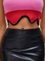 ISELACOS Color Block Scallop Trim Turtle Neck Crop Knit Top