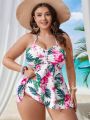 SHEIN Swim Vcay Plus Size Tropical Printed Ruffled Bandeau Bikini Set With High Waisted Bottom