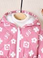 SHEIN Kids HYPEME Young Girl Floral Print Teddy Lined Hooded Winter Coat Without Sweater