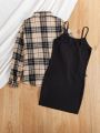 SHEIN Kids Cooltwn Tween Girls Casual Street Style Plaid Shirt With Knit Cami Dress