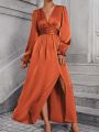 Flounce Sleeve Split Thigh Satin Dress