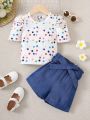 Baby Girls' Polka Dot Print Bubble Short Sleeve Top And Paper Bag Waist Shorts Set
