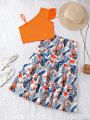 2pcs/Set Teen Girls' Asymmetric Neck Top With Plant Print Long Skirt For Holiday