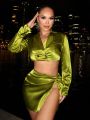 SHEIN SXY New Year Women'S Sexy Clubwear Green Corduroy Suit Set With Short Cut Blazer And High Slit Skirt