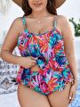 SHEIN Swim Classy Plus Size Tropical Printed Ruffle Swimsuit Set