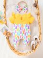 SHEIN 2pcs/Set Casual And Lovely Easter Style Jumpsuit With Colorful Bunny Pattern And Bowknot For Baby Girls, Including Hair Band