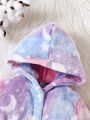 Baby Girl Ombre Moon & Star Pattern Hooded Belted Flannel Coat