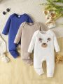 Baby Boy's Fashionable And Cute Bear Pattern Printed Three-Piece Outfit Set With Simple Clean Color Including Long Sleeved Envelope Neck Jumpsuit, For Spring And Autumn