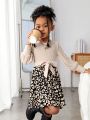 SHEIN Kids Cooltwn Girls Fashionable Street Knitted Round Neck Patchwork Floral Long-sleeved Dress