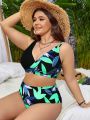 SHEIN Swim Vcay Plus Size Women's Two-piece Swimsuit With Leaf Pattern