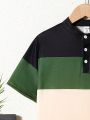 SHEIN Kids EVRYDAY Boys' Casual Color Block Turn Down Collar Short Sleeve Polo Shirt