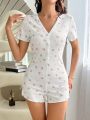 Ladies' Floral Printed Button-Up Romper With Shorts For Sleepwear