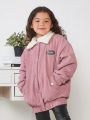 SHEIN Kids Cooltwn Tween Girl Letter Patched Borg Collar Drop Shoulder Corduroy Jacket