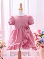 Girls' Ruffle Trimmed Waist Bowknot Dress, Lovely And Romantic Style