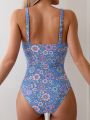 Butterfly Printed One-Piece Swimsuit With Small Floral Pattern