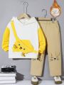 SHEIN Kids QTFun Toddler Boys' Cute And Comfortable Colorblock Hooded Sweatshirt With Printed Animal Design Applique, Straight Pants With Cartoon Design, And Crossbody Bag