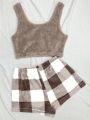 Women's Plush Vest And Plaid Shorts Home Clothing Set